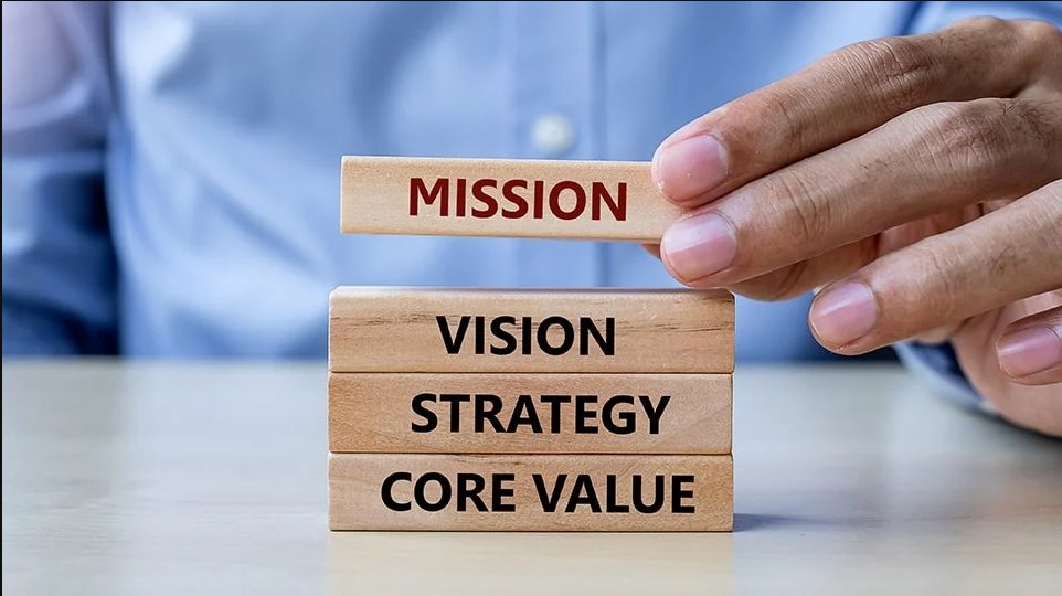 Hand stacking wooden blocks labelled Mission, Vision, Strategy and Core Value